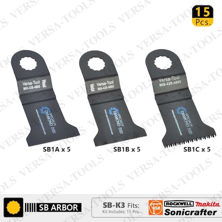 Versa Tool 15 Blade set for sonicrafter, includes wood, bi-metal, Japan Blades SB-K3
